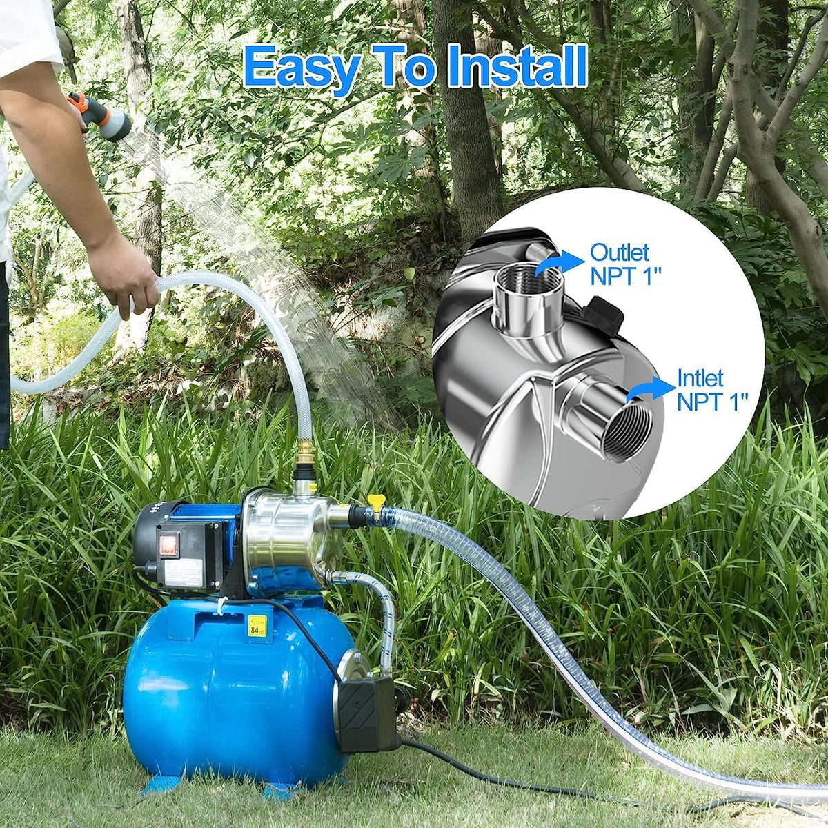 1.6HP Shallow Well Pump with Pressure Tank 1268 GPH Stainless Steel Jet Pump Transfer Drainage Booster Pump Garden Sprinkler 