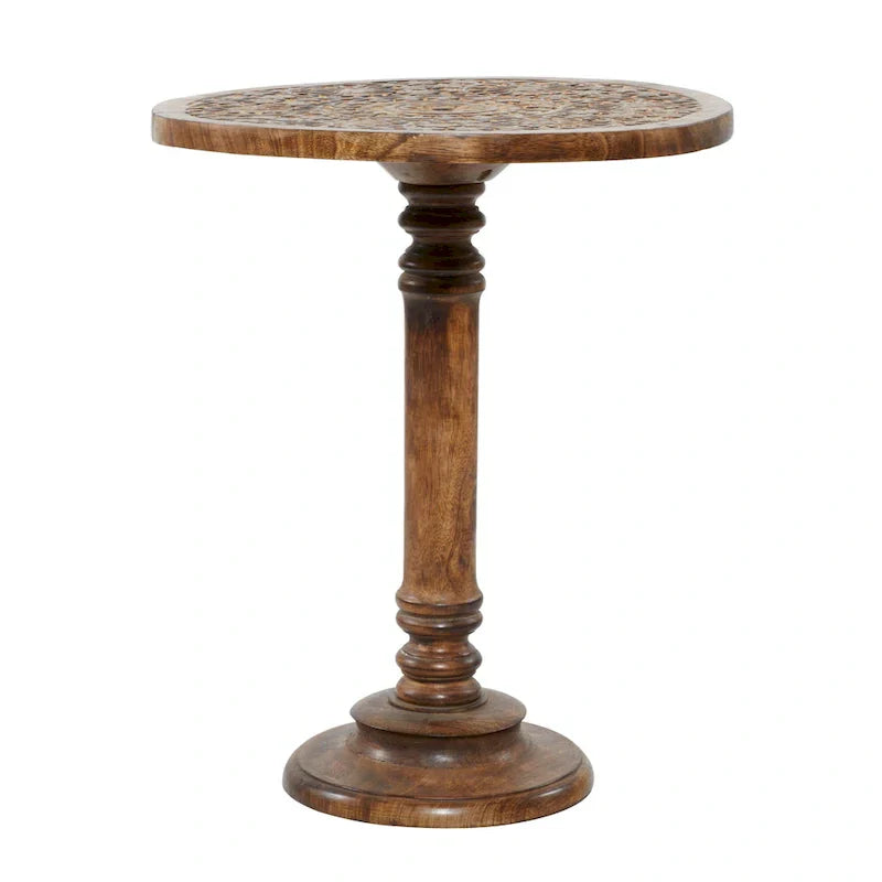 Intricately Carved Dark Brown Mango Wood Accent Table with Elephant or Floral Design and Turned Base - Roche River Decor - image 10