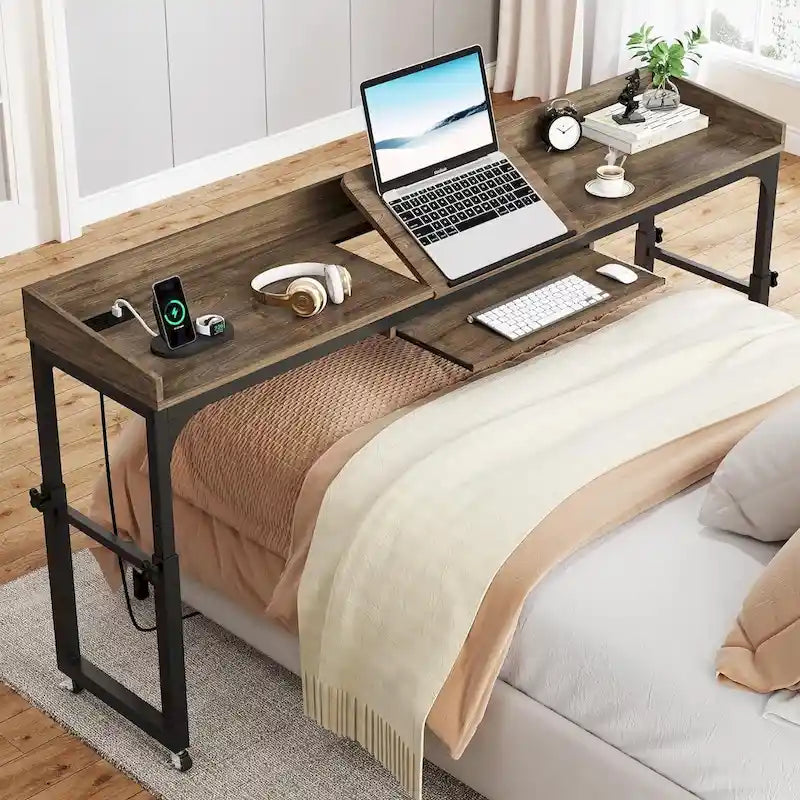 Mobile Height Adjustable Overbed Table with Wheels, Featuring Outlets and USB Ports for Laptops - image 2
