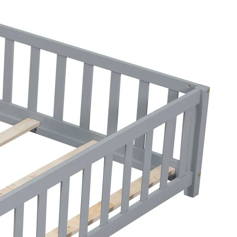 Kids' Full-Size Wooden Floor Bed with Fence and Door - image 9