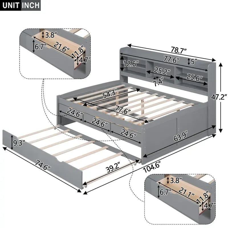Antique Grey Full-Size Wooden Captain Bed with Built-in Bookshelves, Three Storage Drawers, and Trundle - image 9