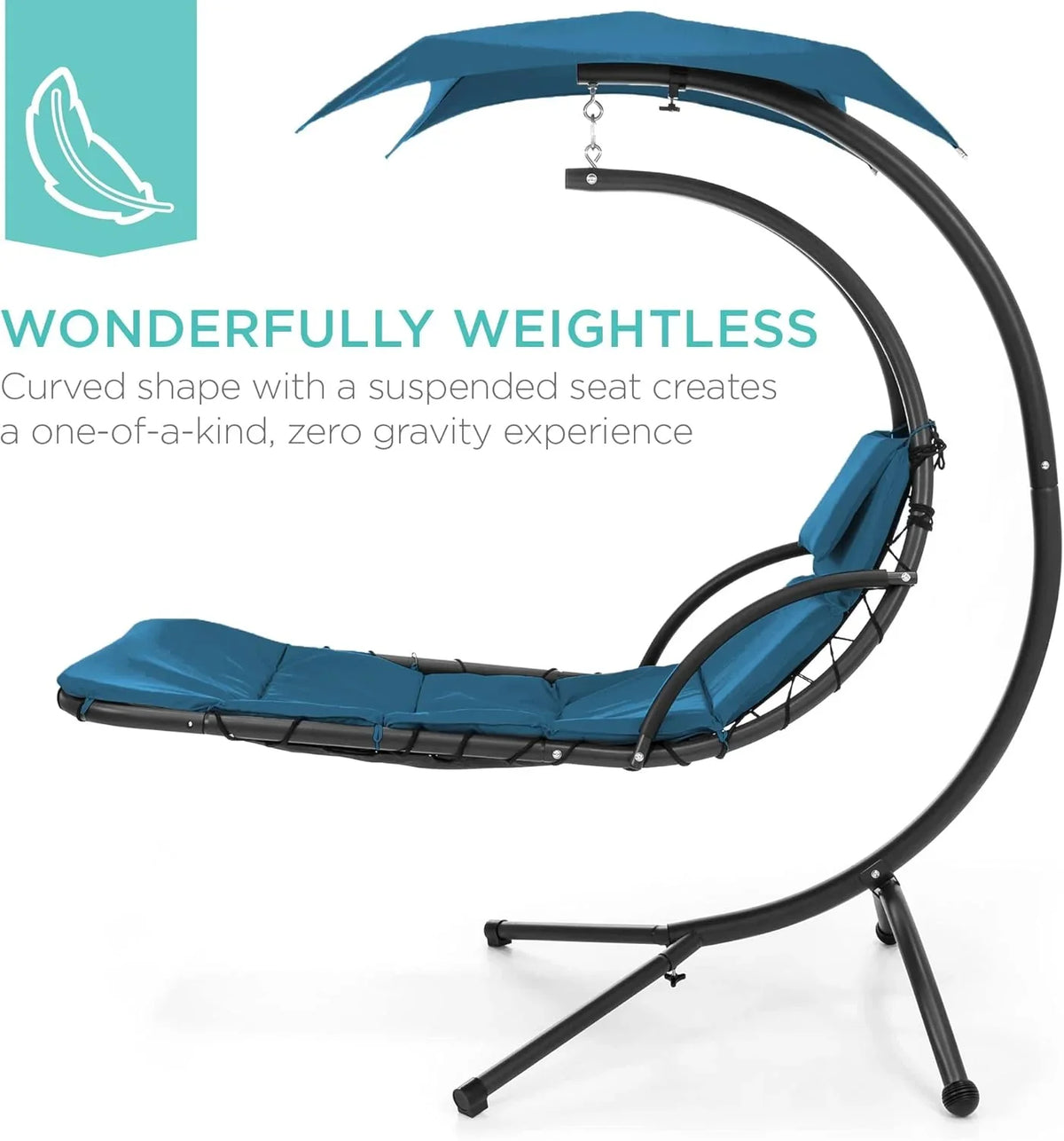 Best Choice Products Outdoor Hanging Curved Steel Chaise Lounge Chair Swing w/Built-in Pillow and Removable Canopy - Charcoal