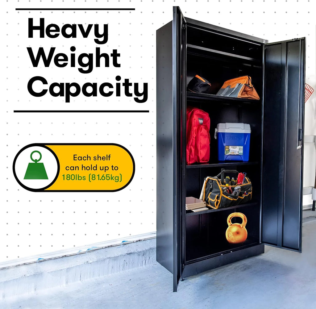 Heavy Duty Metal Garage Locker - 71 "tall large steel multipurpose locker with adjustable shelves and door locks - black and silver - image 8