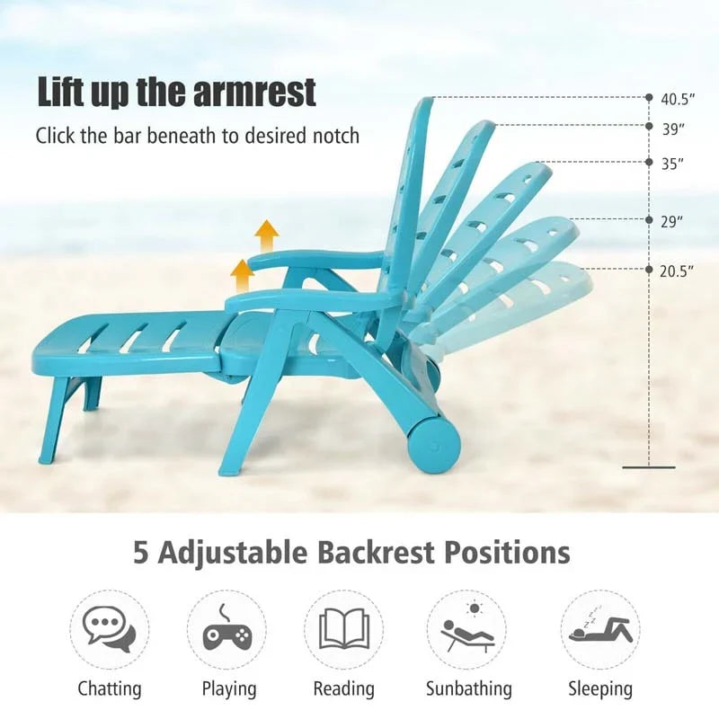 Rolling Folding Plastic Pool Lounge Chair With Armrests 5 Position Outdoor Sun Lounger Patio Deck Chair Beach Chair - Comfort