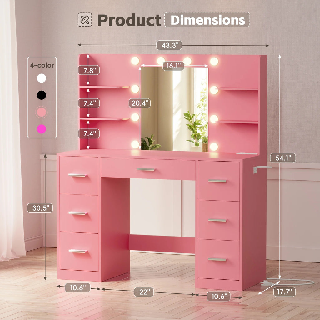 Lacoo Vanity Desk with Mirror and LED Lights, Makeup Vanity with 7 Drawers & 4 Shelves, Vanity Table with Power Outlet for Bedroom Dressing Room, White - image 42