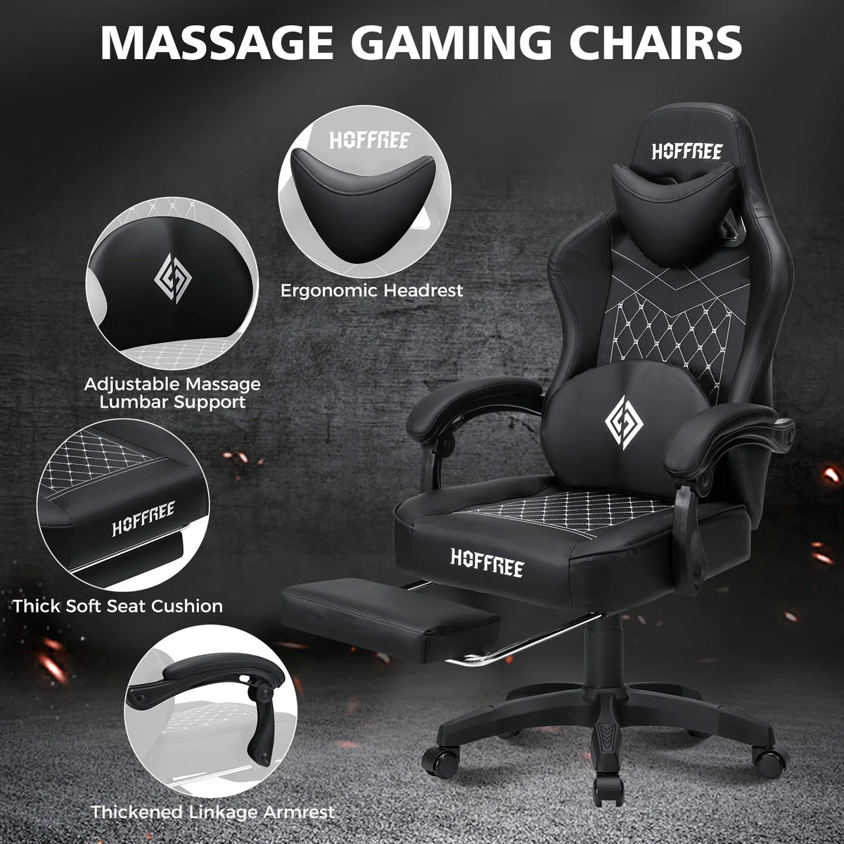 Hoffree Gaming Chair with Massage and Footrest Big and Tall Gamer Chair with Headrest and Lumbar Support PU Computer Game Chair for Adults Office - image 12