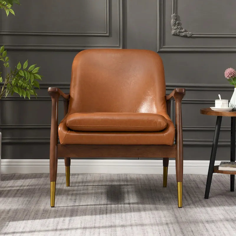 Mid-Century Modern Faux Leather Accent Chair - 29.2", Cushioned Seat, Sturdy Wood Frame, and Brass-Tipped Legs - image 3