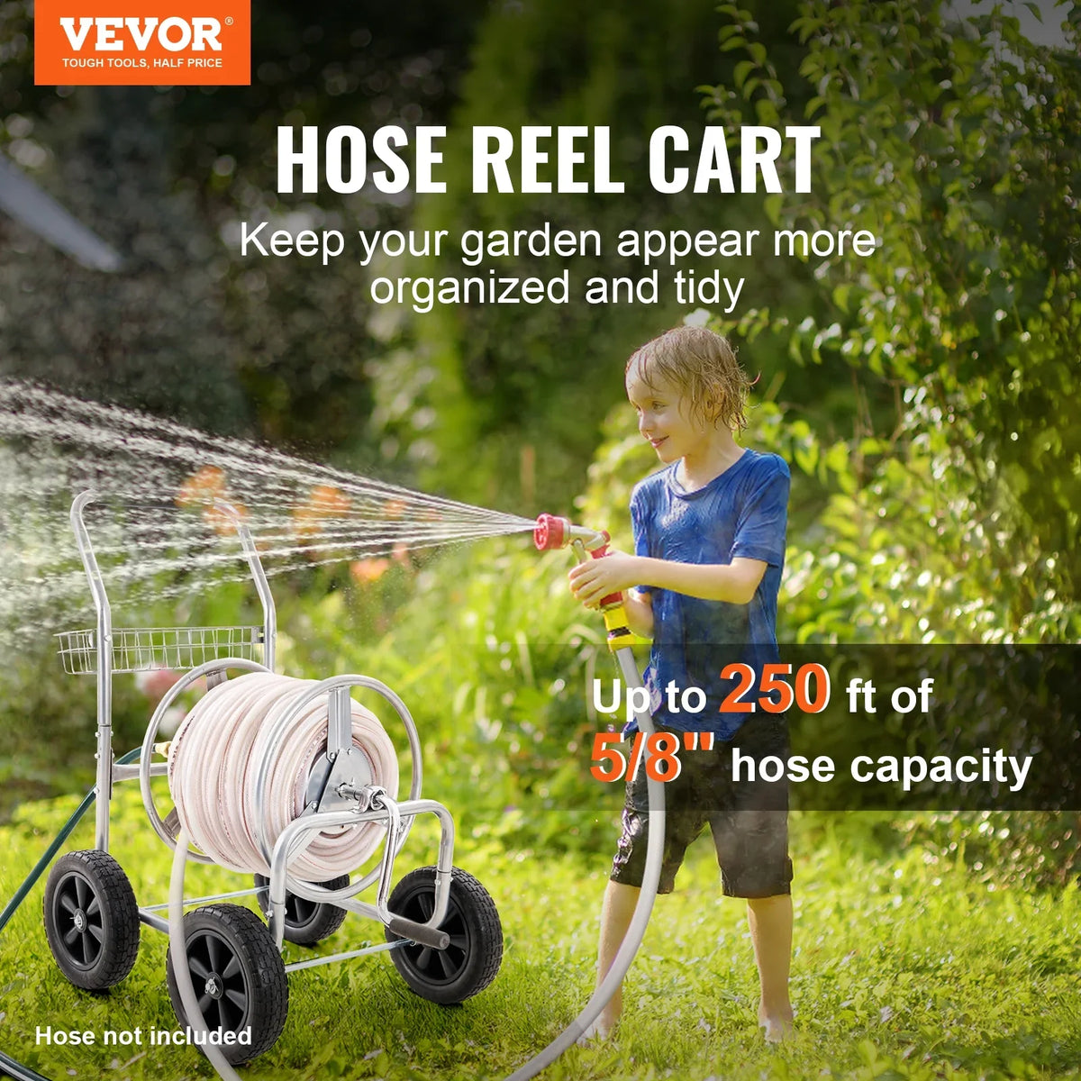 VEVOR Hose Reel Cart, Hold Up to 250 ft of 5/8---- Hose, Garden Water Hose Carts Mobile Tools with 4 Wheels, Heavy Duty Powde