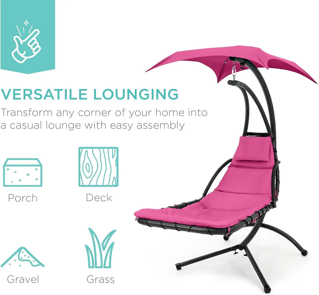 Best Choice Products Outdoor Hanging Curved Steel Chaise Lounge Chair Swing w/Built-in Pillow and Removable Canopy - Charcoal