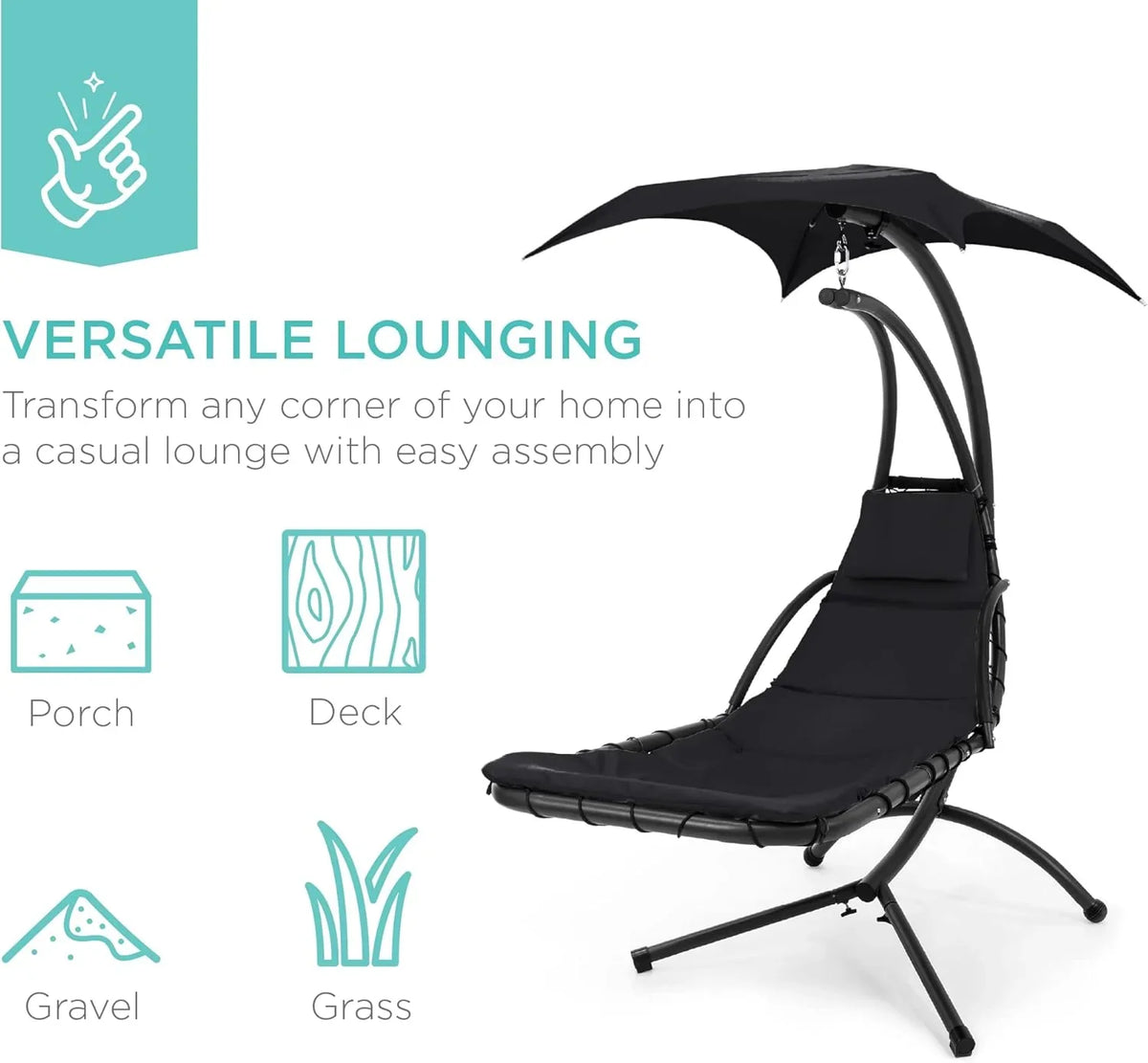 Best Choice Products Outdoor Hanging Curved Steel Chaise Lounge Chair Swing w/Built-in Pillow and Removable Canopy - Charcoal