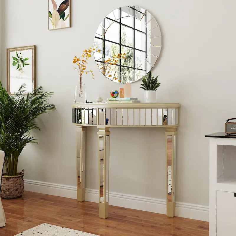 Silver Mirrored Half Moon Console Sofa Table - 35.4 x 31.6 Inches - image 9