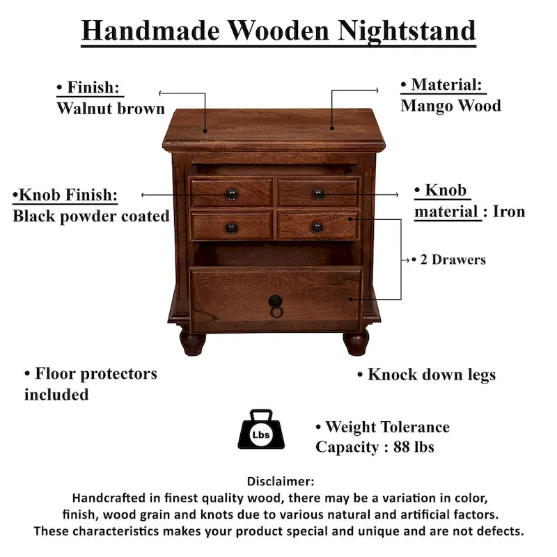 26-Inch Artisan Nightstand with 2 Drawers, Black Powder-Coated Knobs, Walnut Brown Mango Wood - image 6