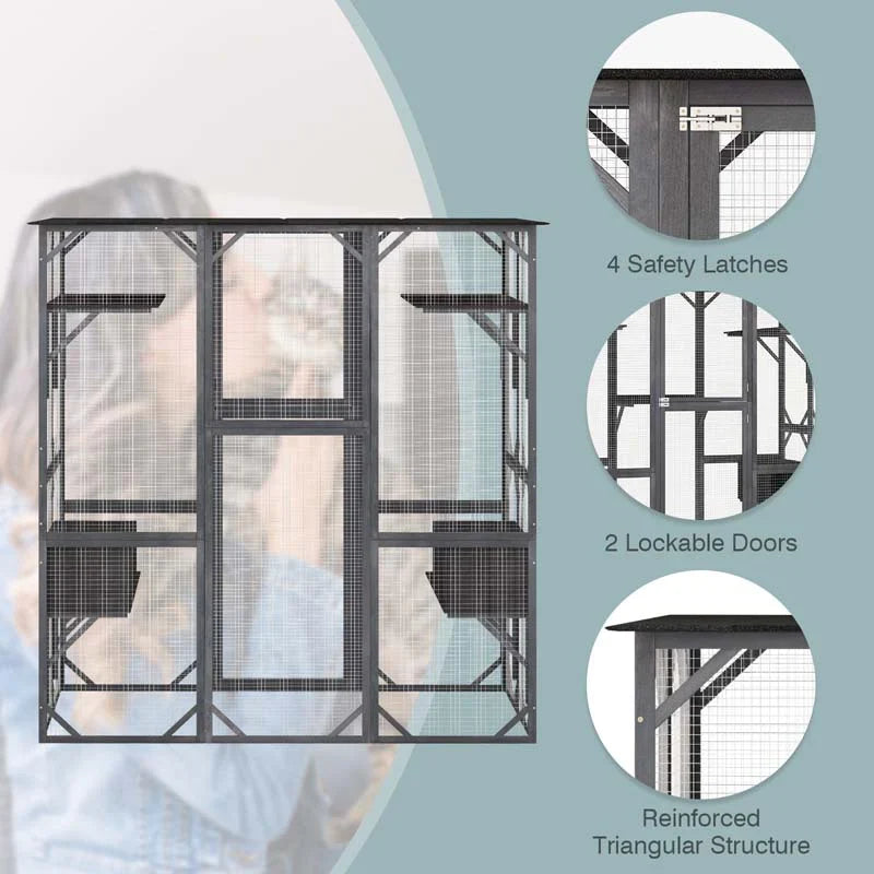 71" Tall Large Cat House Outdoor Catio Kitty Enclosure, Walk-in Cat Kennel Condo, Wooden Cat Cage Playpen with 7 Platforms - image 11