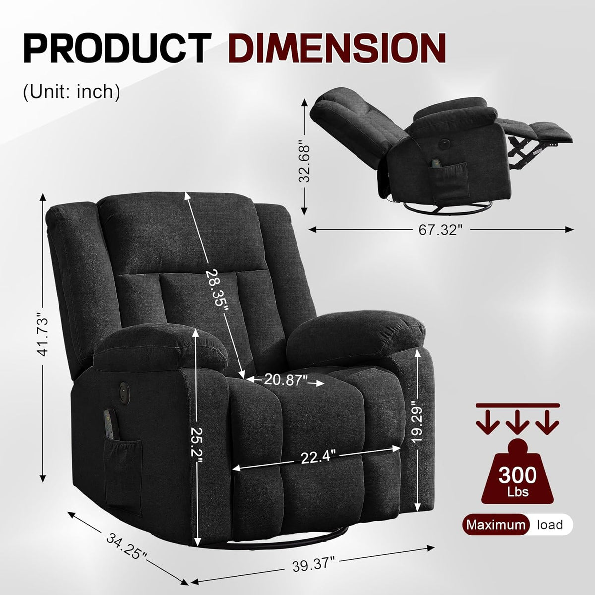 Rocker Recliner, Glider Recliner Chairs for Adults, 360° Swivel Rocking Chair with Massage and Heating, Nursery Chair with Storage and USB Charging for Living Room, Bedroom, Nursery - image 17