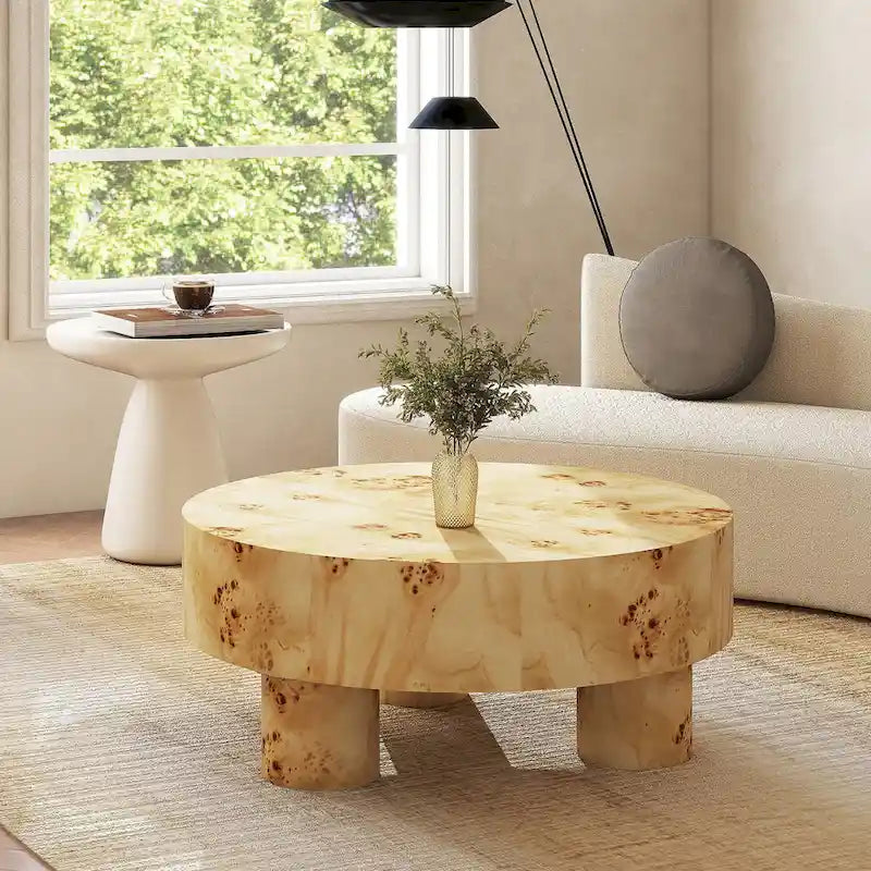 Nebula 35.5-Inch Round Burl Wood Coffee Table with Elegant Pillar Legs - image 1