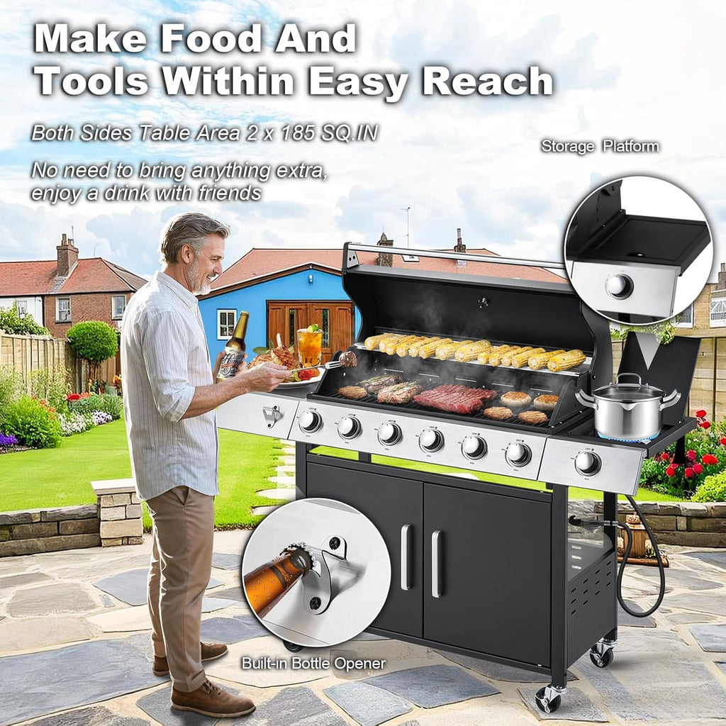 Upgraded 4 Burner BBQ Propane Gas Grill with Cast Iron Grates & Side Stove, 44,000 BTU Stainless Steel Burner Barbecue Grill 
