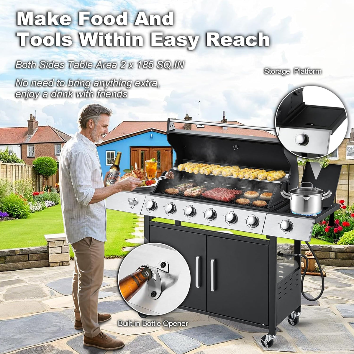 Upgraded 4 Burner BBQ Propane Gas Grill with Cast Iron Grates & Side Stove, 44,000 BTU Stainless Steel Burner Barbecue Grill 