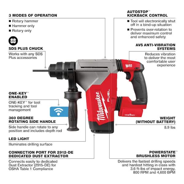 M18 FUEL 18V Lithium-Ion Brushless Cordless SDS-Plus 1-1/8 in. Rotary Hammer Drill (Tool-Only) - image 2