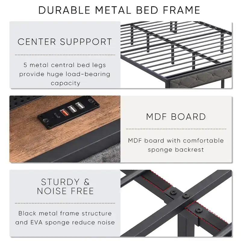 Upholstered Queen Bed Frame with Built-in Charging Station and LED Lights - Sturdy Platform Design with Heavy Metal Slats, No Box Spring Required - image 6