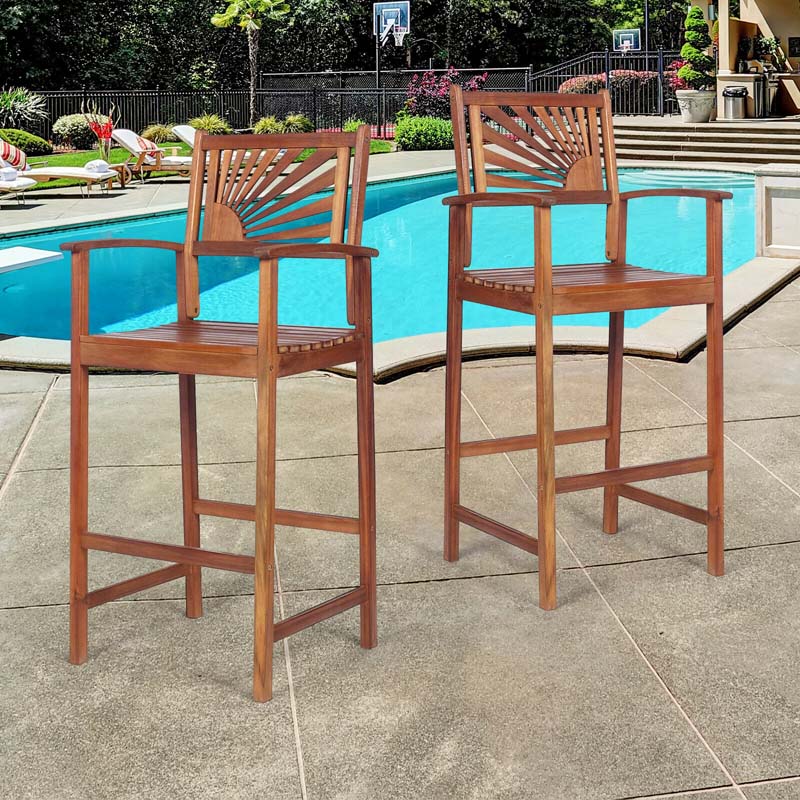 2 Pack Acacia Wood Bar Stools Outdoor Patio Bar Chairs With Sunflower Backrest Amp Curved Armrests - Comfortable And Ergonomi