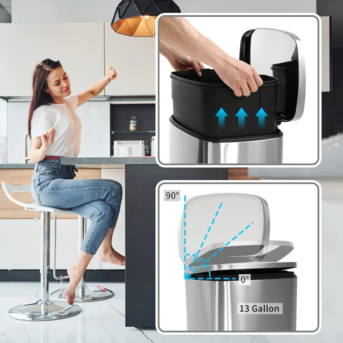 Bigacc 13 Gallon 50 Liter Kitchen Trash Can with Touch-Free & Motion Sensor, Automatic Stainless-Steel Garbage Can, Anti-Fing