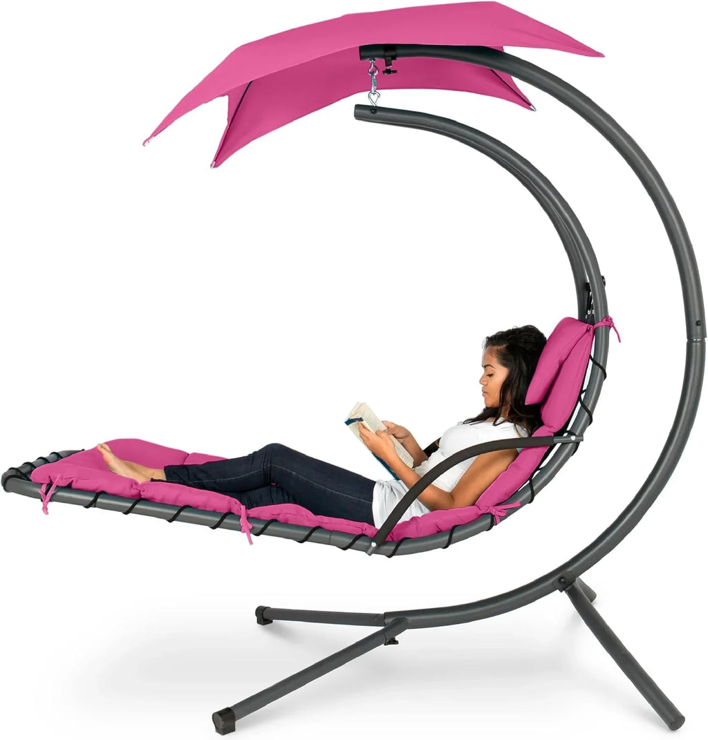Best Choice Products Outdoor Hanging Curved Steel Chaise Lounge Chair Swing w/Built-in Pillow and Removable Canopy - Charcoal
