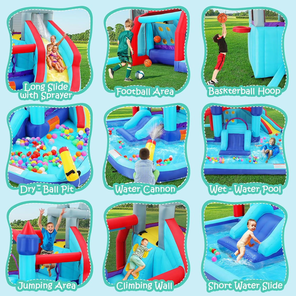 Inflatable Water Slides for Kids 8-in-1 Bounce House Water Park with 450W Blower Climbing Wall, Splash Pool, 2 Water Cannons,