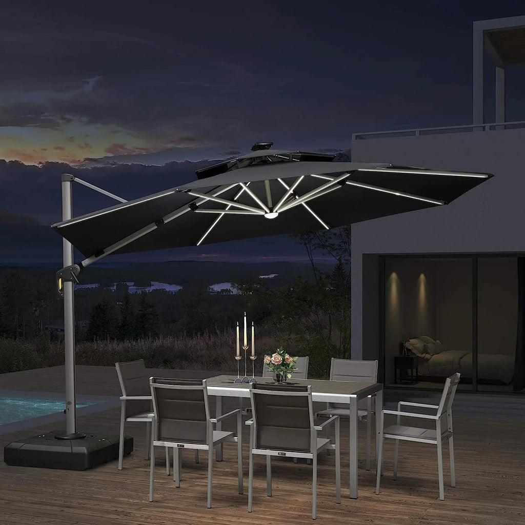 12ft Solar LED Patio Umbrella Outdoor Round Umbrella Large Cantilever Umbrella with LED Lights Windproof Bias Umbrella Heavy 