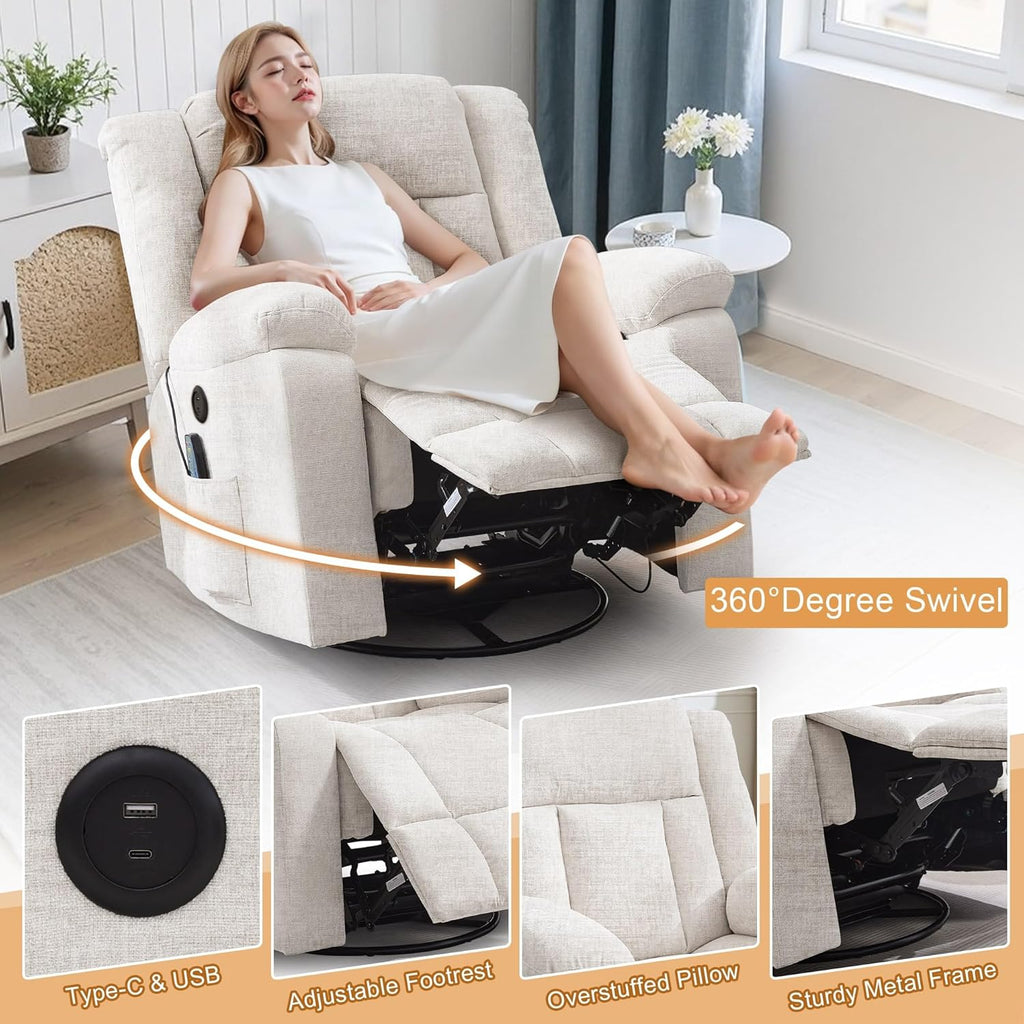Rocker Recliner, Glider Recliner Chairs for Adults, 360° Swivel Rocking Chair with Massage and Heating, Nursery Chair with Storage and USB Charging for Living Room, Bedroom, Nursery - image 10