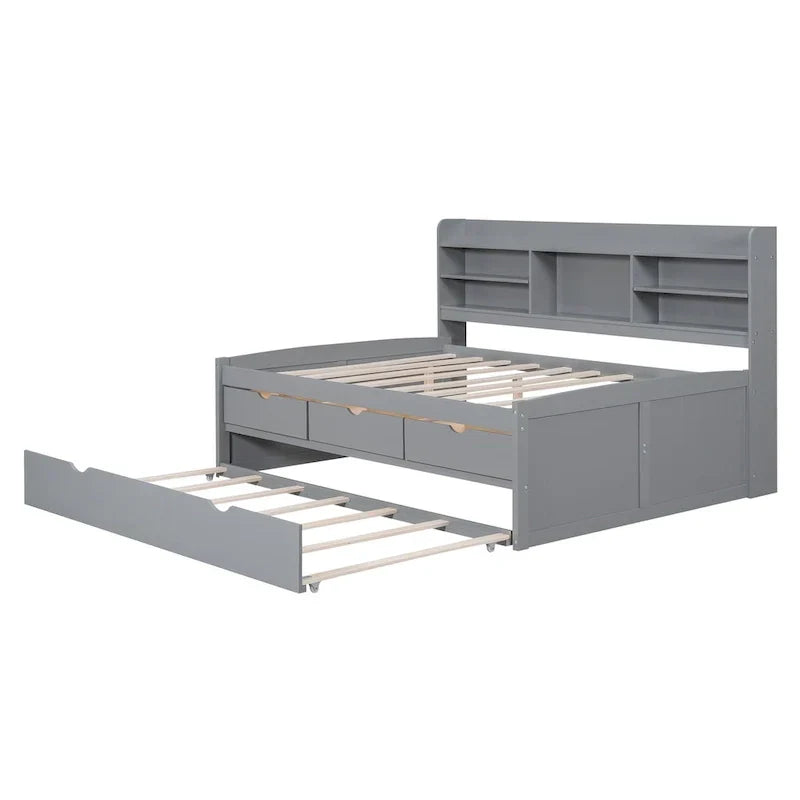 Antique Grey Full-Size Wooden Captain Bed with Built-in Bookshelves, Three Storage Drawers, and Trundle - image 10