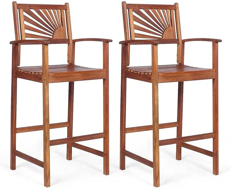 2 Pack Acacia Wood Bar Stools Outdoor Patio Bar Chairs With Sunflower Backrest Amp Curved Armrests - Comfortable And Ergonomi