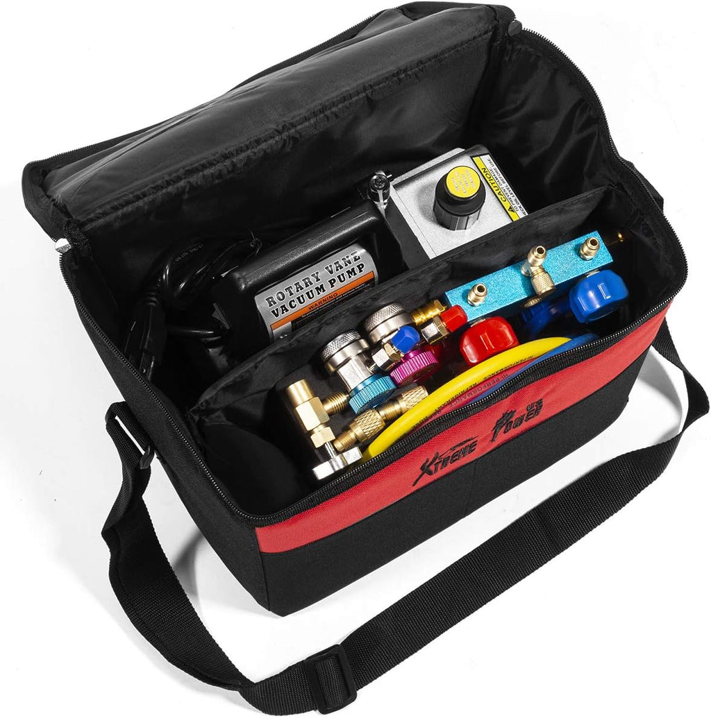 Premium 4CFM Air Vacuum Pump HVAC A/C Refrigeration Kit AC Manifold Gauge Case Set R134a Tap w/Leak Detector and Carrying Tote Bag - image 3