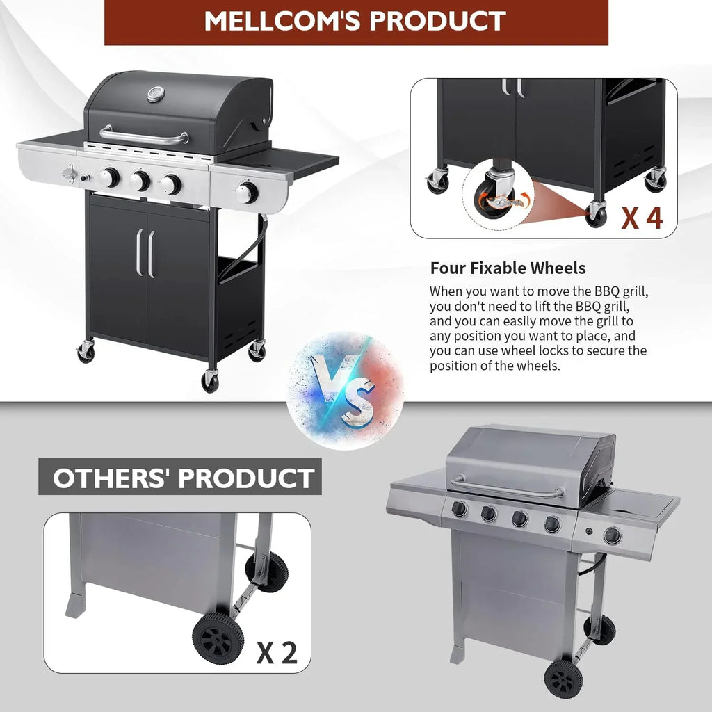 Upgraded 4 Burner BBQ Propane Gas Grill with Cast Iron Grates & Side Stove, 44,000 BTU Stainless Steel Burner Barbecue Grill 