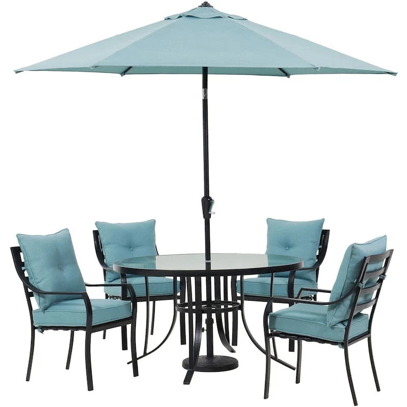 Hanover Lavallette 5-Piece Dining Set in Ocean Blue with 4 Stationary Chairs, 52-In. Round Glass-Top Table, Umbrella, and Base - image 1