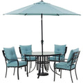 Hanover Lavallette 5-Piece Dining Set in Ocean Blue with 4 Stationary Chairs, 52-In. Round Glass-Top Table, Umbrella, and Base - image 1