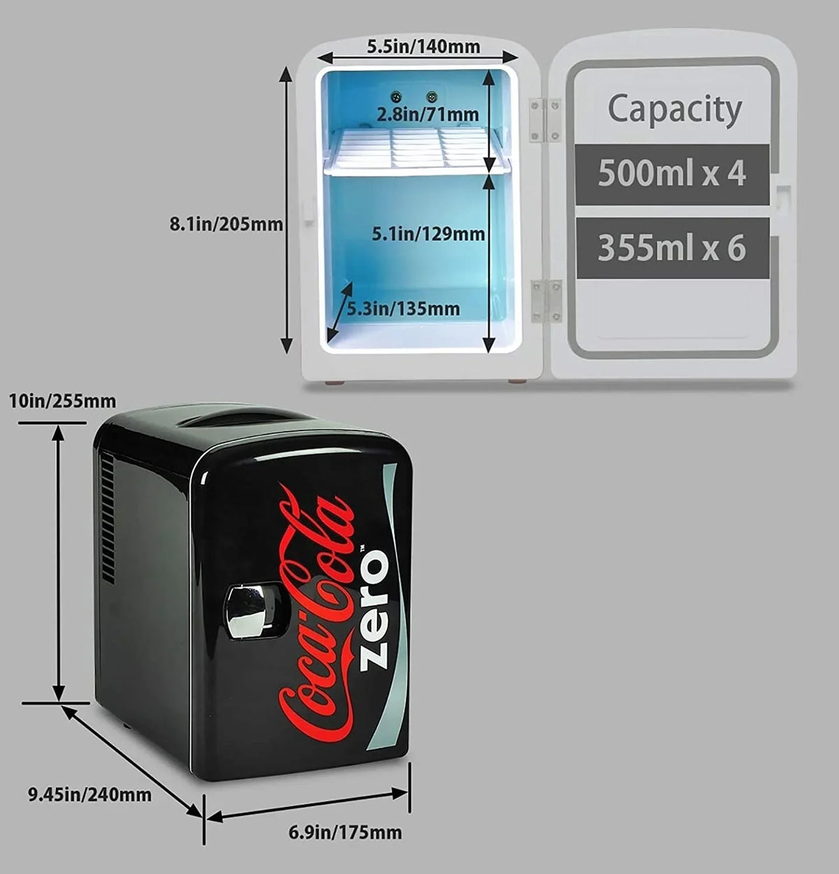 Coca-Cola Coke Zero 4L Portable Cooler/Warmer, Compact Personal Travel Fridge for Snacks Lunch Drinks Cosmetics, Includes 12V and AC Cords - image 2