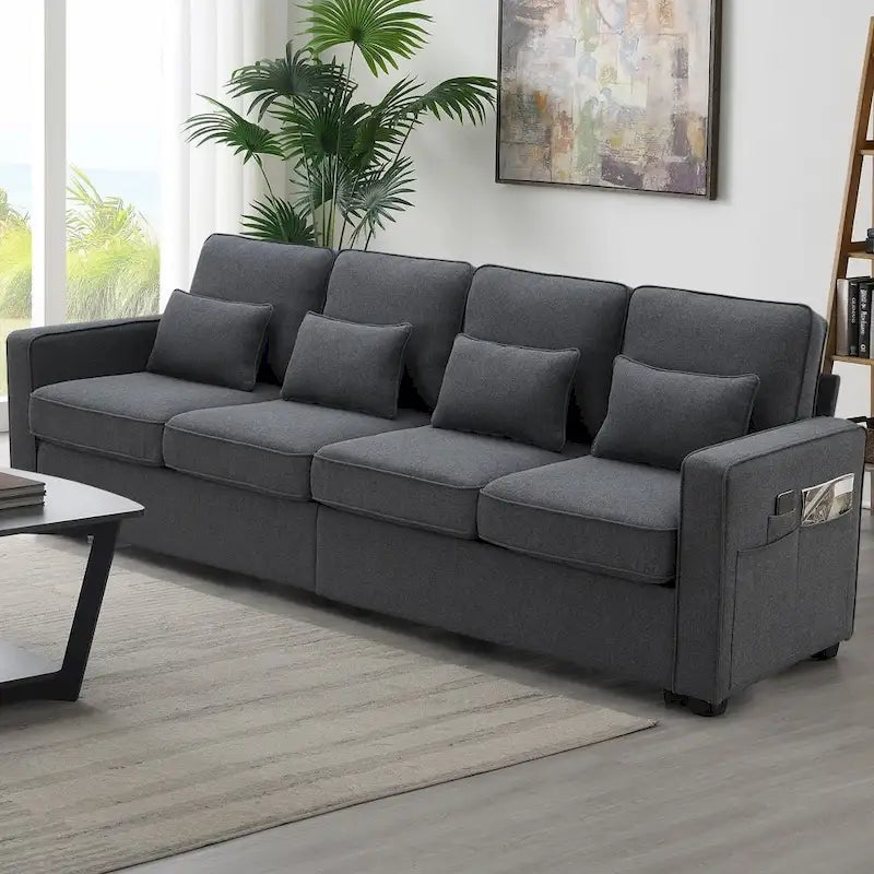 104-Inch Modern Linen Fabric Sofa for 4 with Armrest Pockets and 4 Cushions - image 2