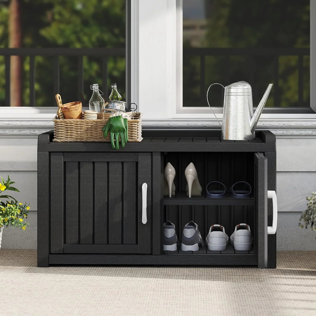 KAMABOKO Outdoor Shoe Storage Cabinet, Waterproof UV-Resistant Entryway Storage Bench Indoor Outdoor with 2 Barn Doors, Adjus