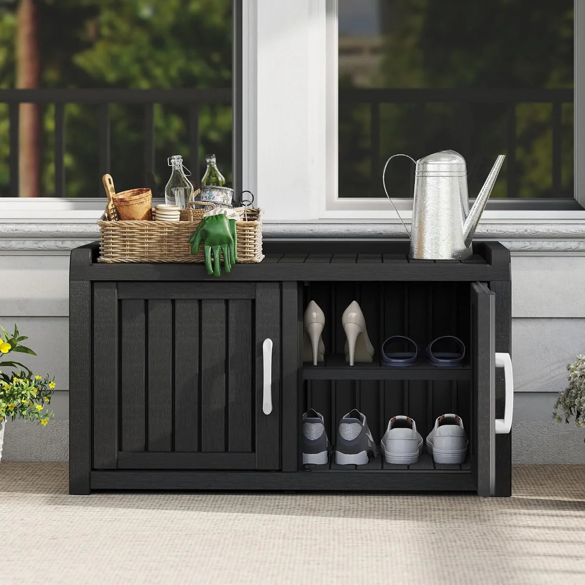 KAMABOKO Outdoor Shoe Storage Cabinet, Waterproof UV-Resistant Entryway Storage Bench Indoor Outdoor with 2 Barn Doors, Adjus