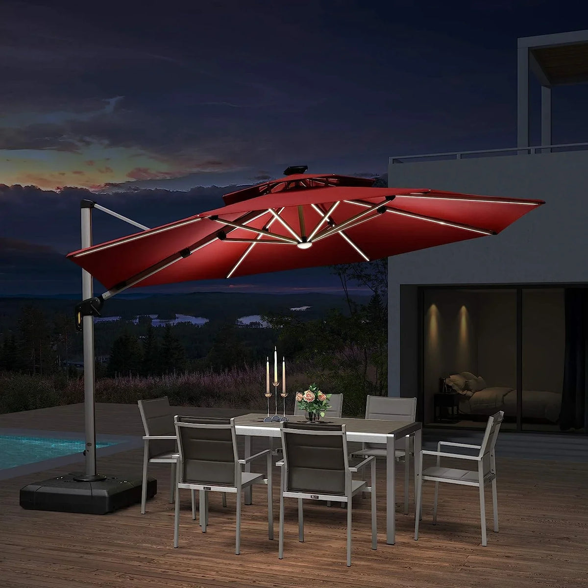 12ft Solar LED Patio Umbrella Outdoor Round Umbrella Large Cantilever Umbrella with LED Lights Windproof Bias Umbrella Heavy 