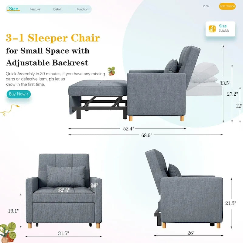 AECOJOY 3-in-1 Convertible Sleeper Sofa Chair with Pillow and Adjustable Backrest - image 22