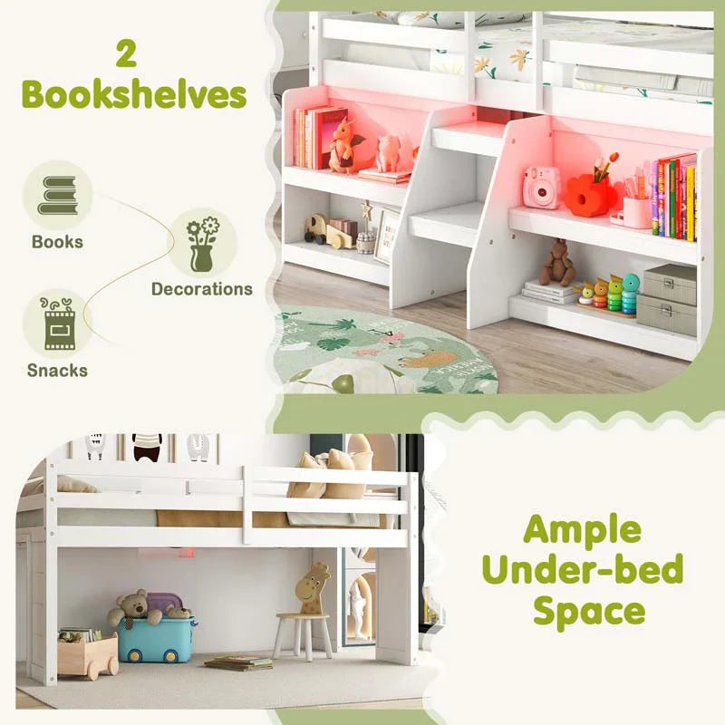 Kids Twin Size Loft Bed with LED Lights, Stairs & Safety Guardrail, Storage Bookcase and Under-bed Play Space - image 16