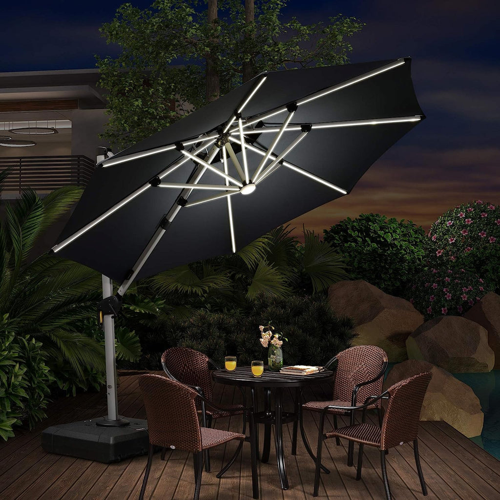 12ft Solar LED Patio Umbrella Outdoor Round Umbrella Large Cantilever Umbrella with LED Lights Windproof Bias Umbrella Heavy 