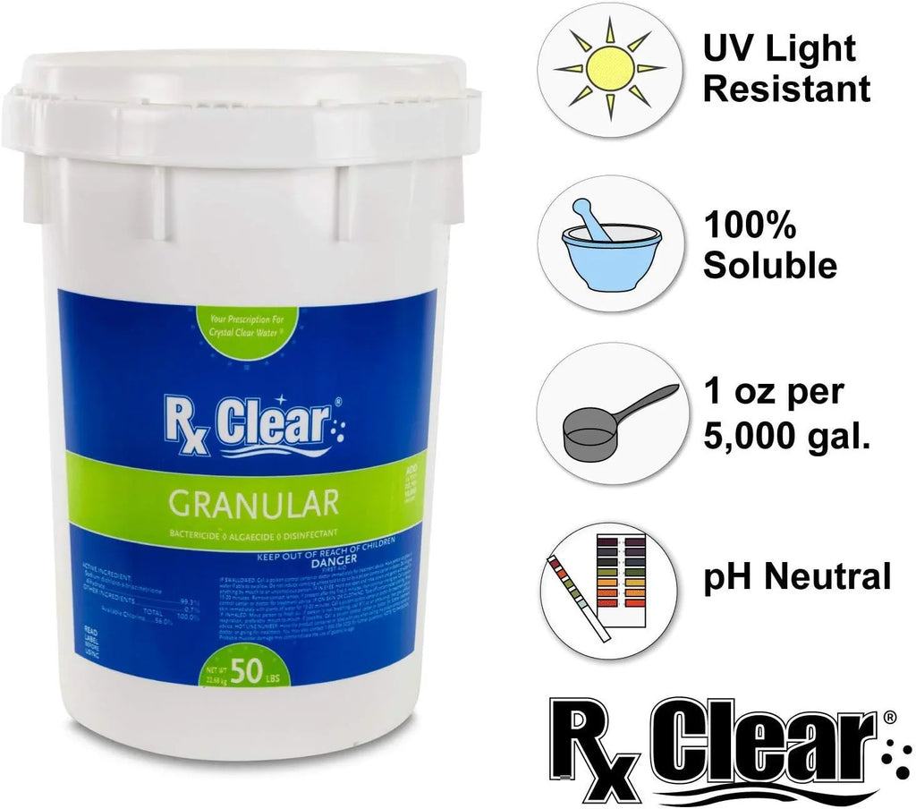 Clear Stabilized Granular Chlorine | One 50-Pound Bucket | Use As Bactericide, Algaecide, and Disinfectant in Swimming Pools 