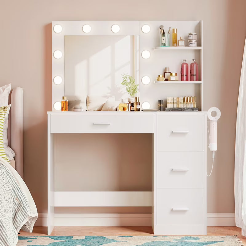 Lacoo Vanity Desk with Mirror and LED Lights, Makeup Vanity with 7 Drawers & 4 Shelves, Vanity Table with Power Outlet for Bedroom Dressing Room, White - image 7