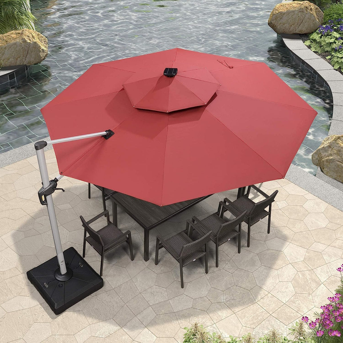 12ft Solar LED Patio Umbrella Outdoor Round Umbrella Large Cantilever Umbrella with LED Lights Windproof Bias Umbrella Heavy 