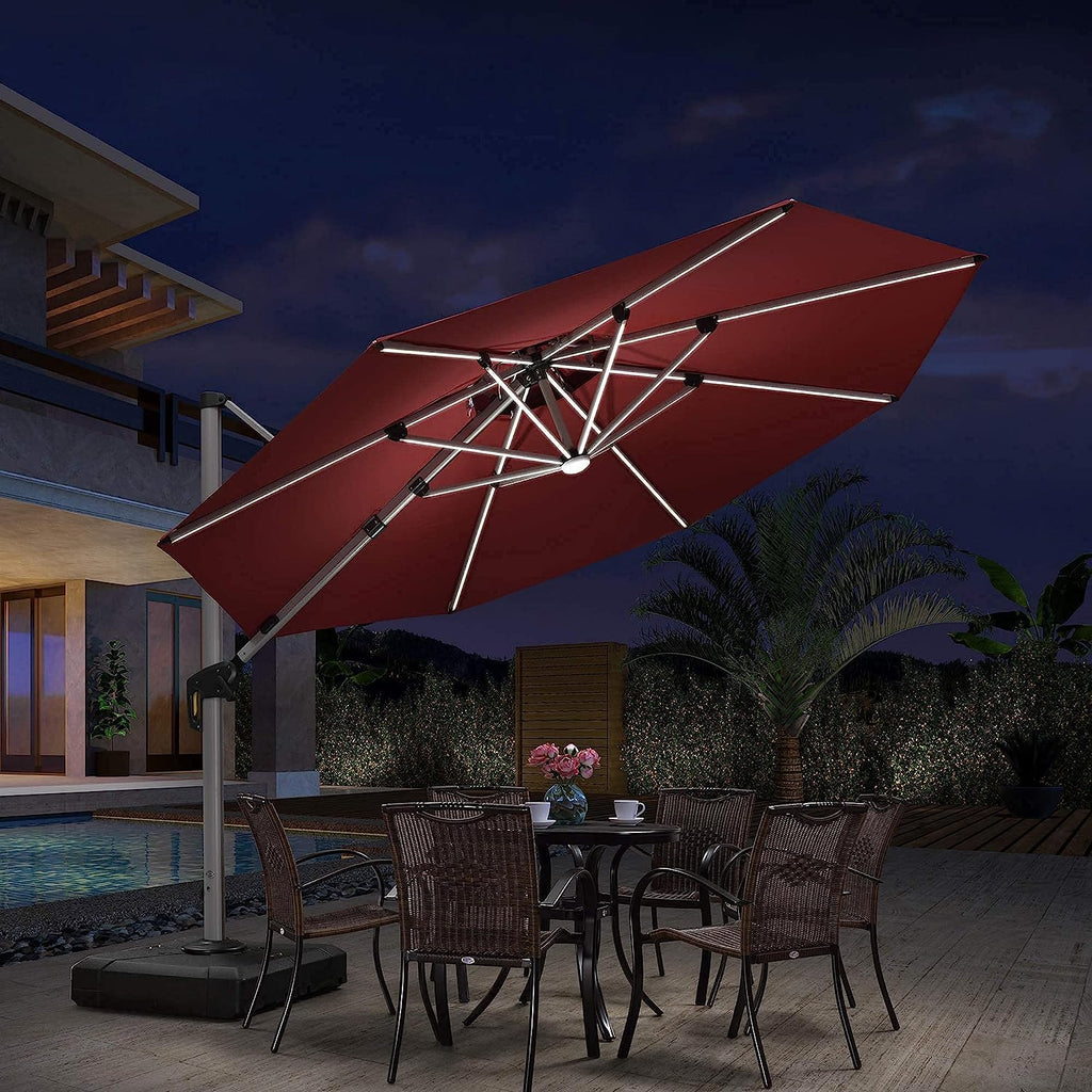 12ft Solar LED Patio Umbrella Outdoor Round Umbrella Large Cantilever Umbrella with LED Lights Windproof Bias Umbrella Heavy 