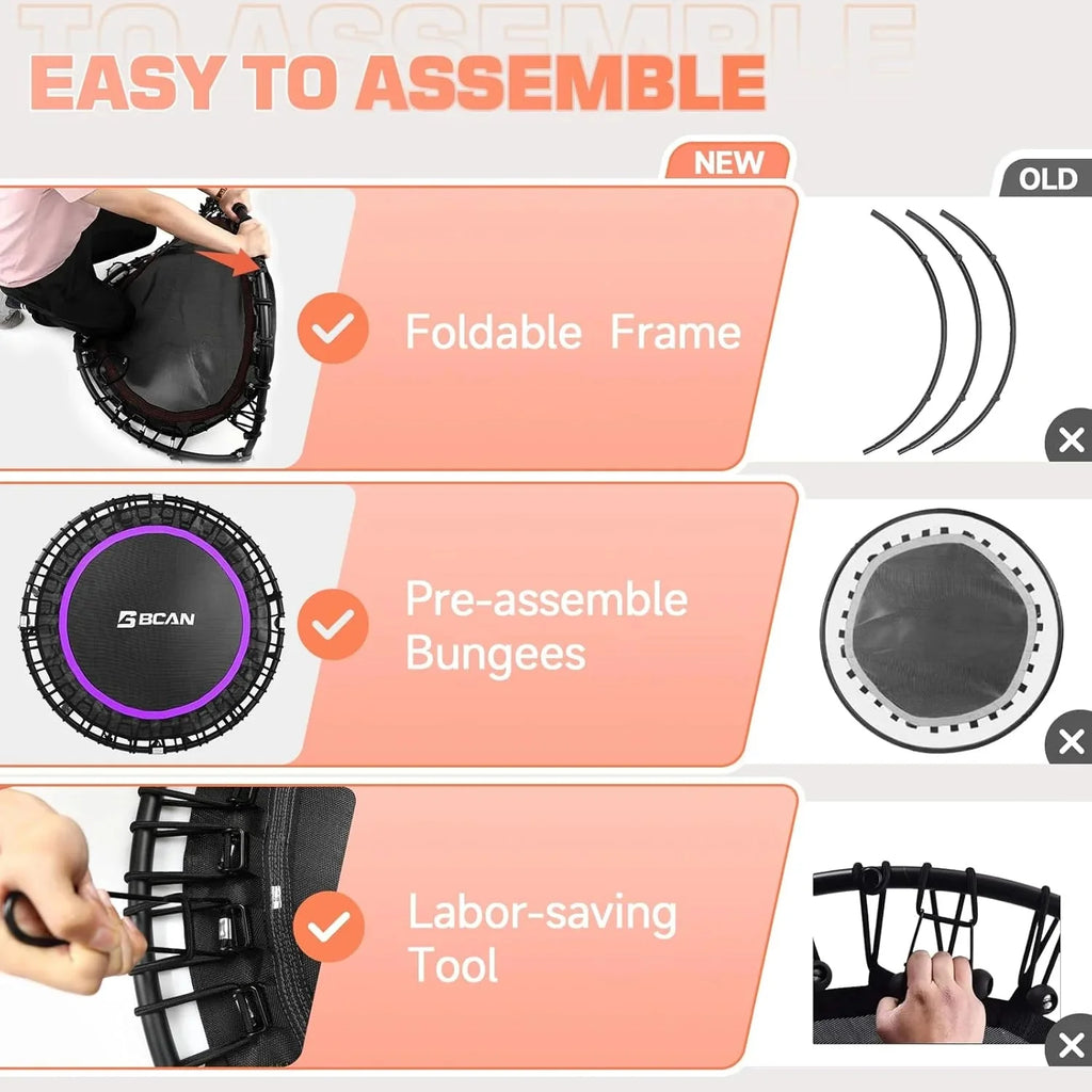 BCAN 450/550 LBS Foldable Mini Trampoline, 40"/48" Fitness Trampoline with Bungees, U Shape Adjustable Foam Handle, Stable & Quiet Exercise Rebounder for Adults Indoor/Outdoor Workout - image 74