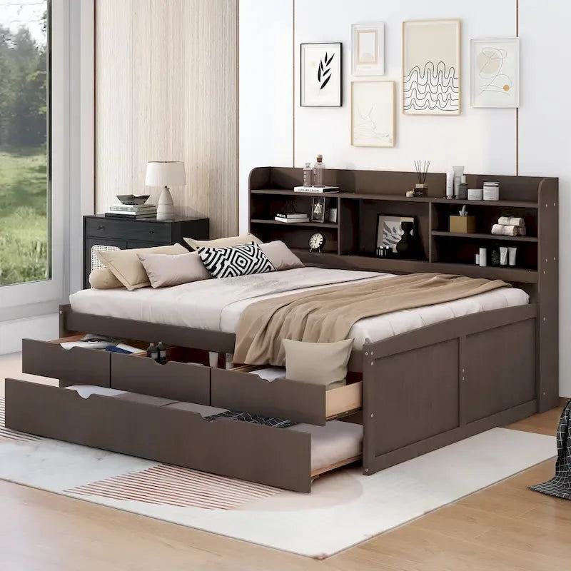 Antique Grey Full-Size Wooden Captain Bed with Built-in Bookshelves, Three Storage Drawers, and Trundle - image 2