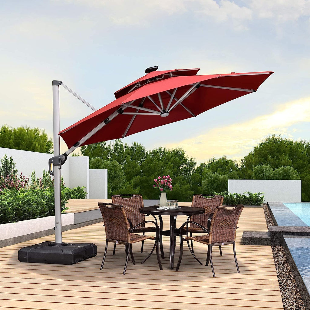 12ft Solar LED Patio Umbrella Outdoor Round Umbrella Large Cantilever Umbrella with LED Lights Windproof Bias Umbrella Heavy 